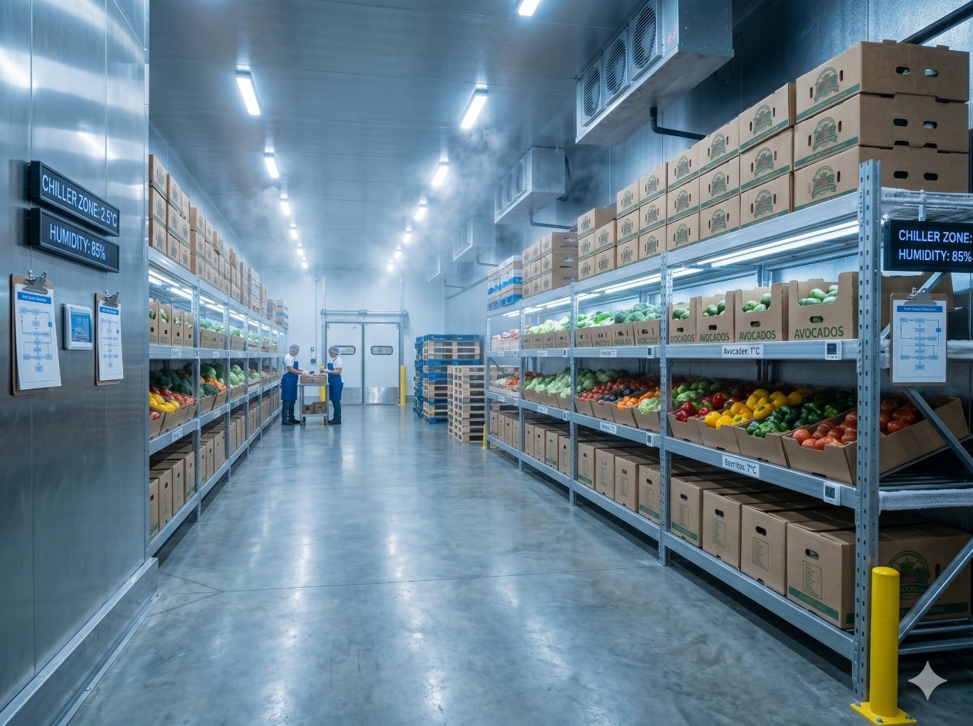 Cámara fría con producto organizado y monitoreo de temperatura